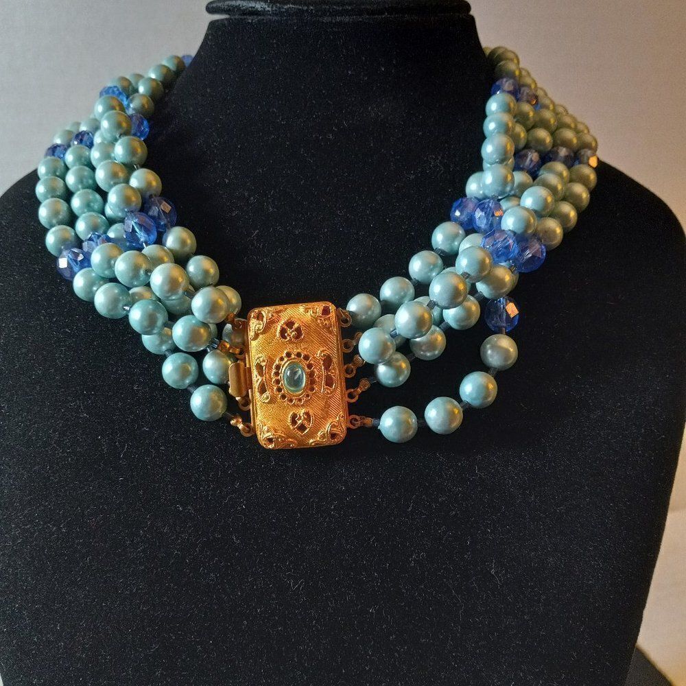 Vintage Multi Strand (5) Blue & Teal Beaded Necklace Large Box Clasp Chic